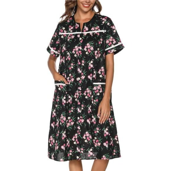 House Dress Womens Embroidered Housecoat Short Sleeve Duster